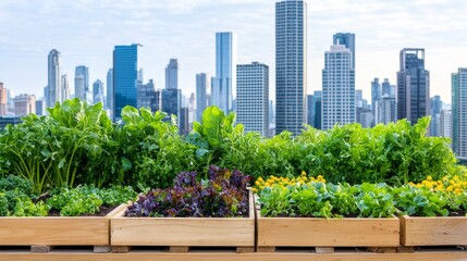 Fototapeta premium In recycling containers, this rooftop garden has been cultivated into a thriving vegetable garden.