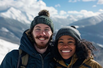 Portrait of a grinning multiethnic couple in their 20s donning a warm wool beanie over snowy mountain range