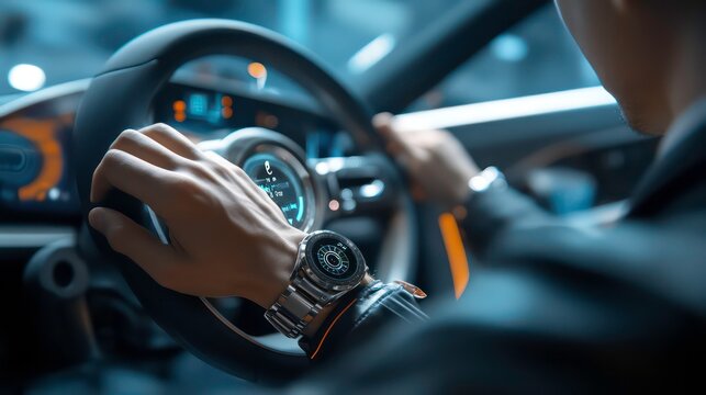 A man using the smart watch to check the tire pressure on his smart car via wireless connectivity is shown in the future technology concept image