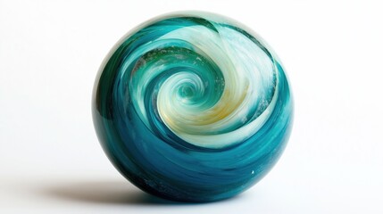 A beautifully crafted marble with swirling blue and green patterns against a white background.