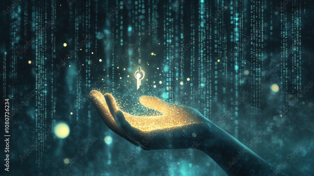 Aufkleber digital hand holding a glowing key in matrix-like code background, symbolizing cyber security.