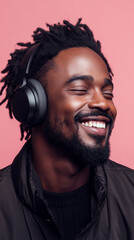 Obraz premium Close-up of an Afroamerican man with headphones, minimalist style, pastel pink background, modern and fresh