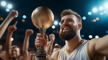 Celebrating athlete holding trophy with a joyful crowd in the background, highlighting victory and achievement.