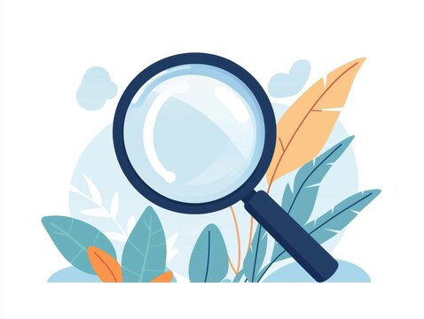 Online search optimization, magnifying glass with relevant results, flat design illustration