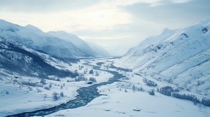 Fototapeta premium Pristine Winter Wonderland: A River Flows Through Snowy Mountains.