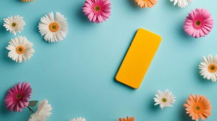 Yellow smartphone with pink and white flowers on light blue background
