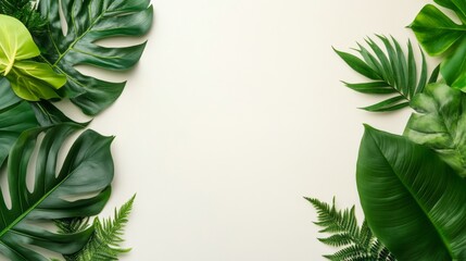 Fototapeta premium A vibrant display of tropical leaves in various shades of green and yellow creatively arranged along the edges of a bright white canvas inviting summer vibes and a touch of exotic beauty.