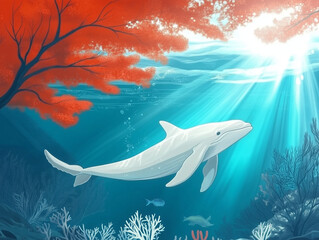 Obraz premium whale swim in the ocean with beautiful corals and marine life under the ocean. 