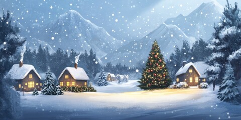 Naklejka premium Idyllic winter scene featuring snow-covered cabins, a decorated Christmas tree, and majestic mountains under a snowfall.