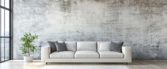 White Sofa in a Modern Interior with a Concrete Wall
