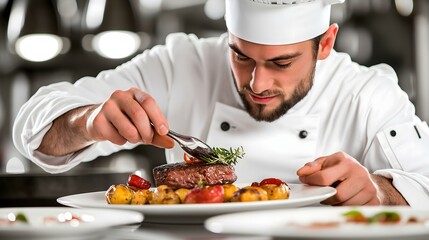 Chef plating a gourmet dish with attention to detail and artistry in a professional kitchen setting.