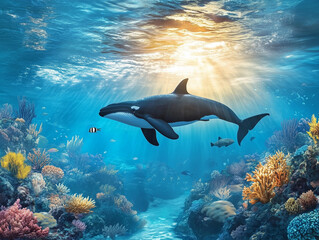 Obraz premium whale swim in the ocean with beautiful corals and marine life under the ocean. 