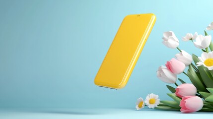 Yellow smartphone with pink and white flowers on light blue background