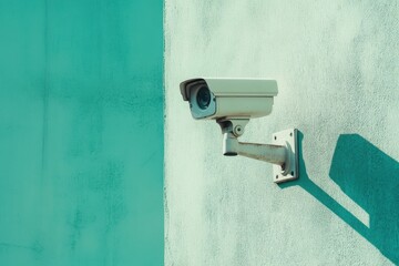Modern Security Camera Mounted on a Wall with Teal Background, Highlighting Surveillance Technology in Urban Environment for Home and Business Safety