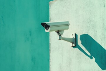 Modern Security Camera Mounted on a Mint Green Wall, Capturing Surveillance in Urban Spaces, Ideal for Safety and Protection Themes in Various Projects