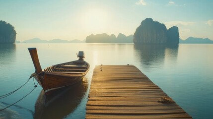 Obraz premium Wooden boat docked at a pier with limestone cliffs in the distance at sunset