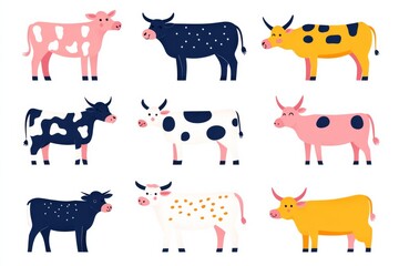This vibrant set features various cartoon cow breeds each illustrated in a distinct style. Ideal for educational materials these graphics highlight dairy farming concepts.