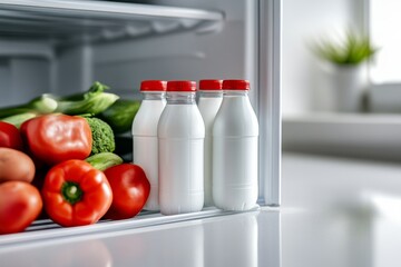 White refrigerator with open door showing milk bottles and vegetables inside
