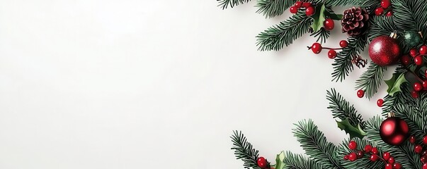 Boho Christmas decorating ideas with watercolor style. A festive arrangement of evergreen branches adorned with red ornaments and berries, perfect for holiday decorations.