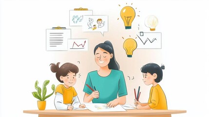 Creative Learning Session with Teacher and Children, Featuring Art Supplies and Bright Ideas in a Fun Classroom Setting