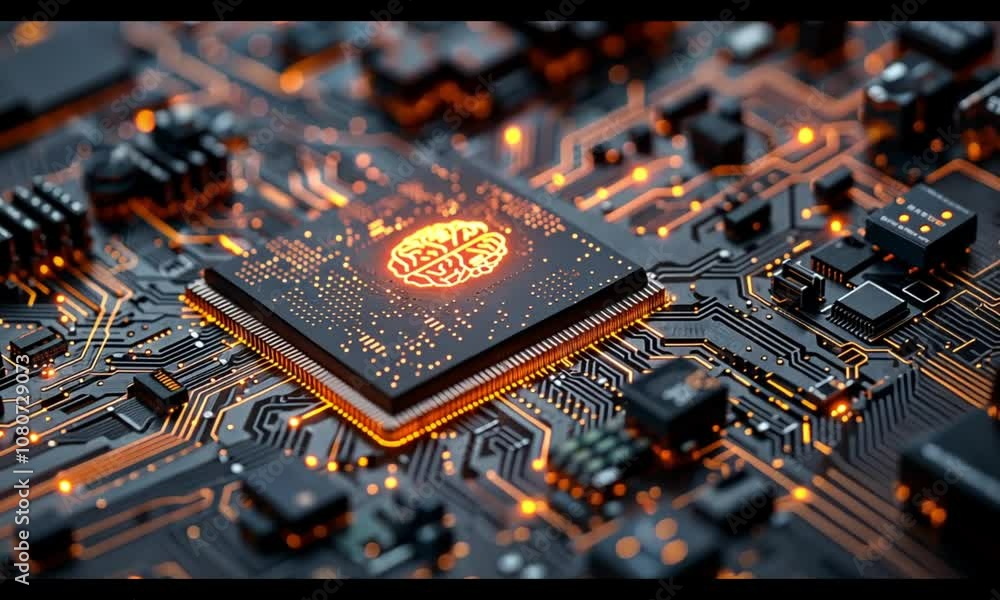 Poster a close-up of a circuit board with a glowing brain symbol, representing advanced technology.
