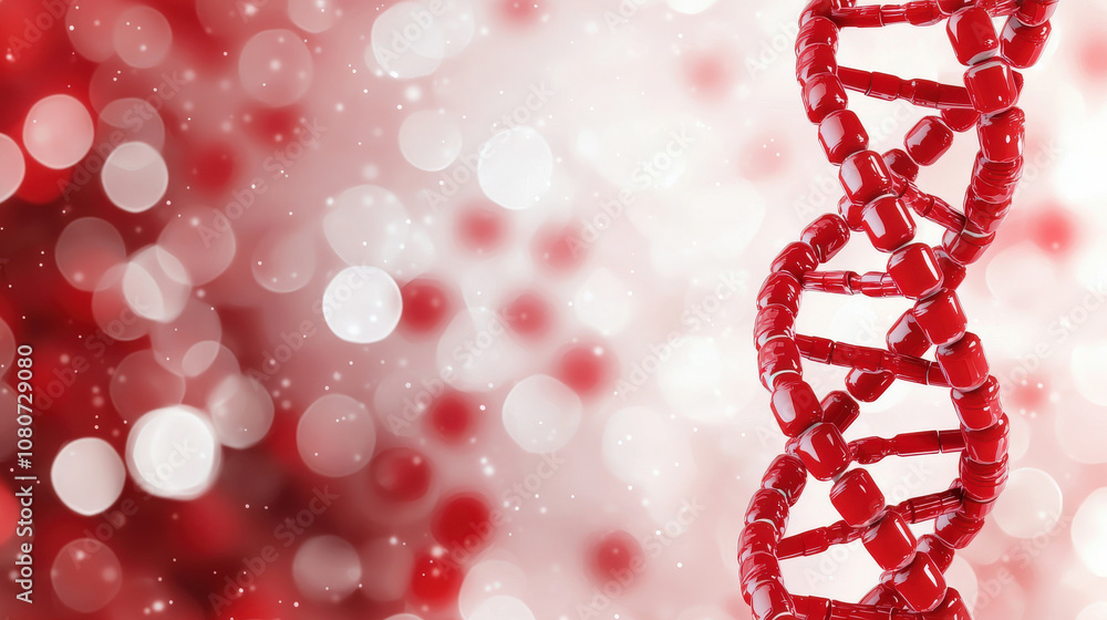 Poster 3d rendering of red dna strand with blurred particle background, creating vibrant and dynamic scient