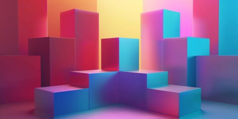 Fototapeta premium Colorful 3D cubes in neon lighting create a vibrant abstract geometric background, perfect for modern design and creative projects.