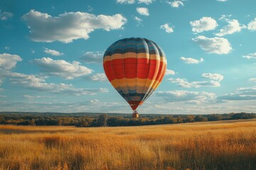 Obraz premium Vibrant Hot Air Balloon Floating Over Golden Fields Under a Cloudy Sky During Daylight, Capturing the Beauty of Adventure and Nature