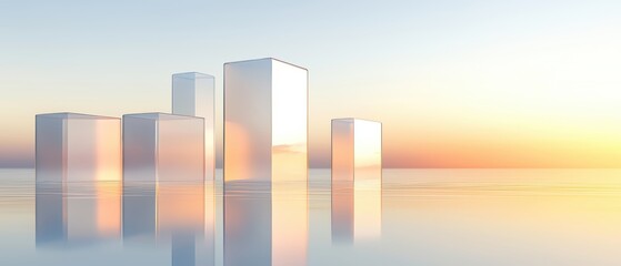 A transparent architectural model of a city, set against a radiant sunset, emphasizing futuristic design and natural harmony