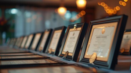A display of framed certificates each one marking a different milestone in sobriety as a centerpiece at a sober anniversary party.