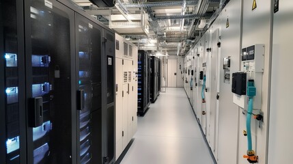 High-tech server room using hydrogen cooling, ensuring reliability with reduced carbon footprint