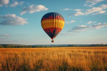 Obraz premium Colorful hot air balloon floating above a tranquil golden field under a bright blue sky, capturing a serene moment in nature during a perfect summer day