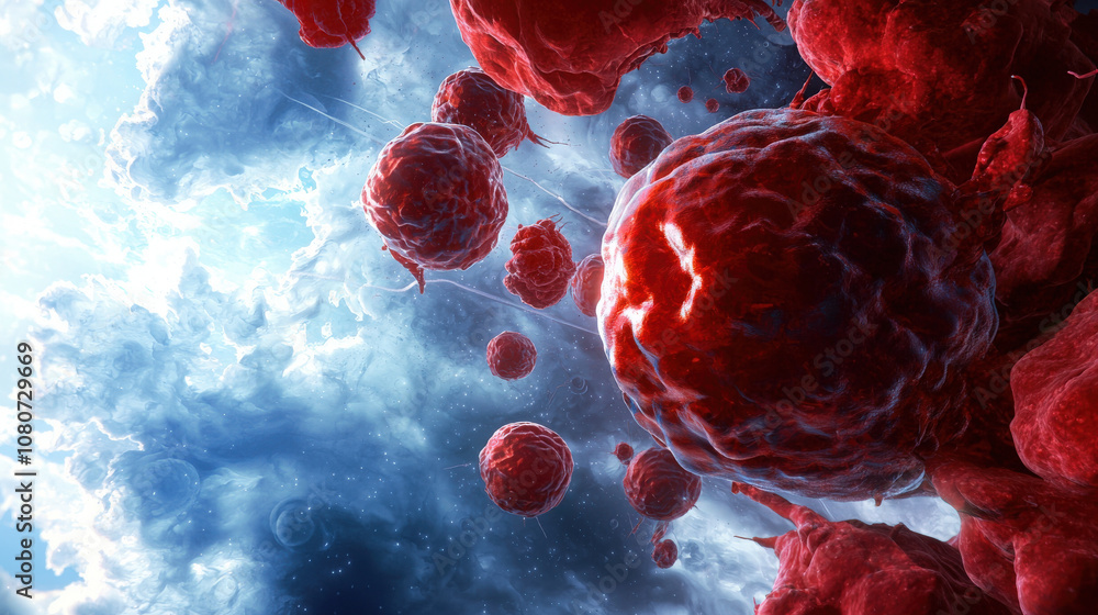 Poster detailed illustration of red cells in dynamic environment, showcasing intricate beauty of cellular s