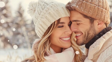 Smiling couple embracing in winter wonderland with snowy background