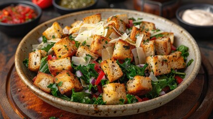 Close-up of a Rustic Crouton Salad with Greens and Parmesan Cheese