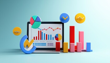 Obraz premium Analytics dashboard with floating keywords, audience graphs, and performance metrics, emphasizing targeted marketing and engagement, 3D illustration