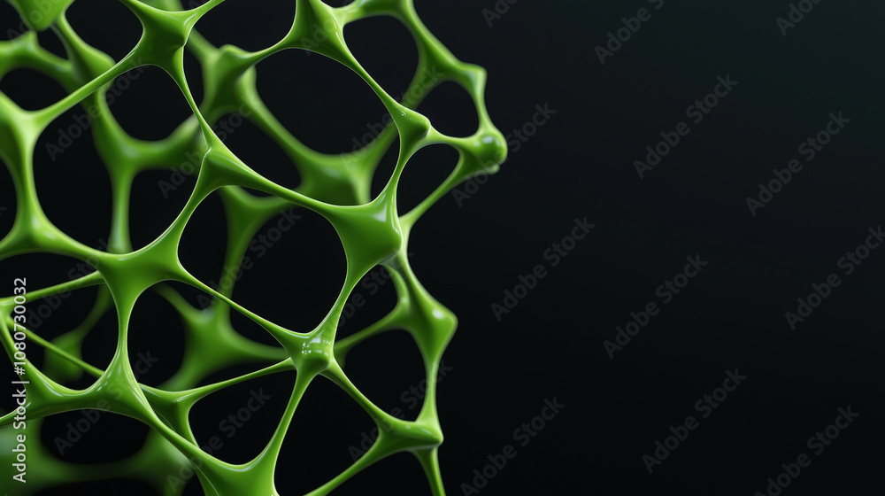 Poster close up view of green, abstract structure resembling network of interconnected nodes, showcasing in