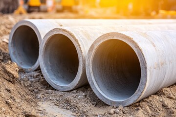 Concrete drainage pipes aligned on a construction site, symbolizing infrastructure improvement in water management