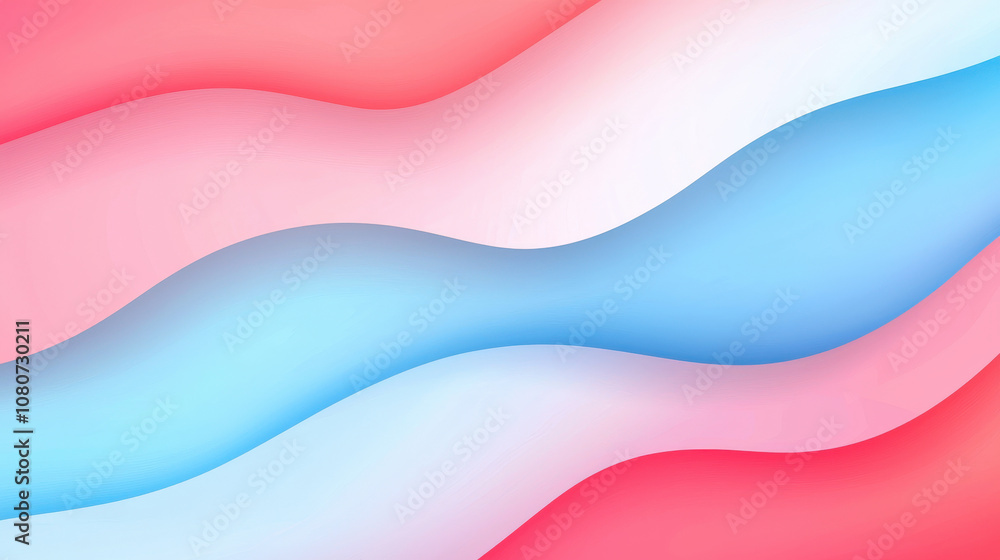 Poster abstract background with pastel colored waves in red, pink, and blue, creating soft and fluid visual