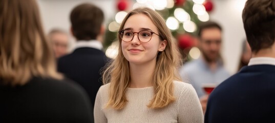 Obraz premium A woman with glasses smiles amidst a festive gathering, surrounded by blurred figures and Christmas decorations in the background.