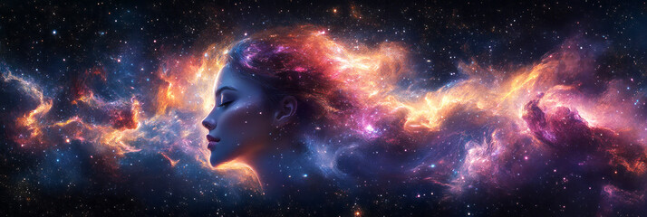 Portrait of a woman with a cosmic nebula merging into her face. Swirling galaxies, stars, and mystical clouds form an infinite connection to the universe in a surreal, ethereal style, banner