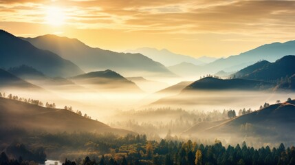 Obraz premium Golden Sunrise Over Misty Mountain Ranges