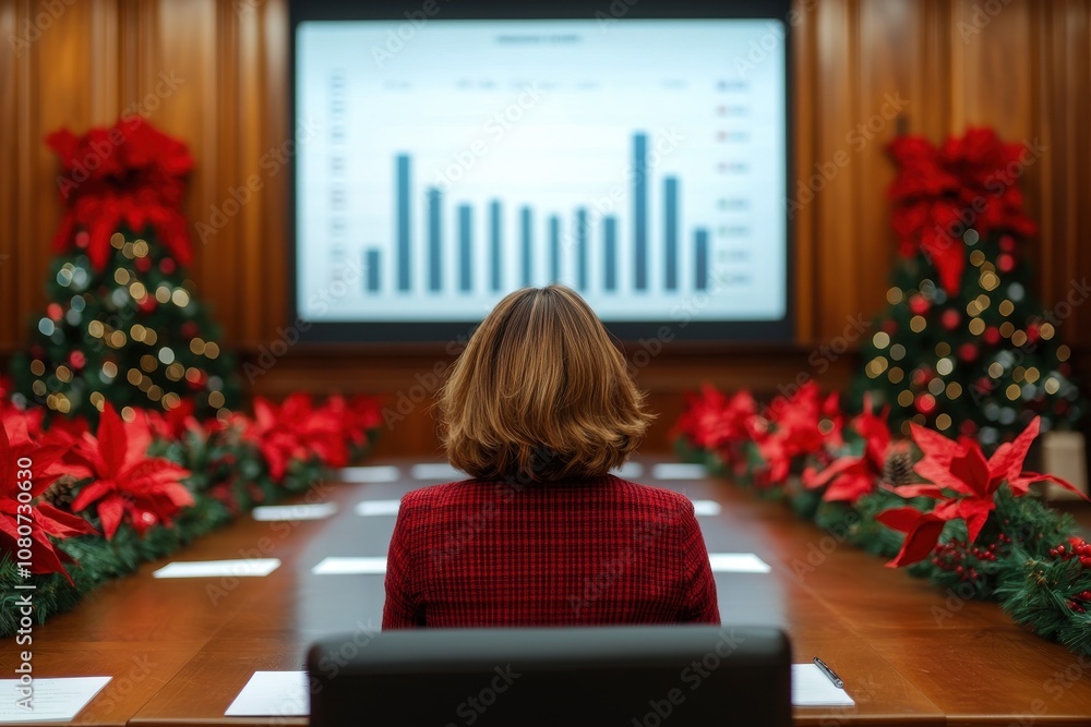 Poster a woman in a red checkered jacket sits at a conference table adorned with christmas decorations, fac