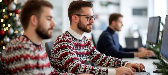 Two men in festive sweaters work intently at computers, celebrating the Christmas season in a modern office setup.