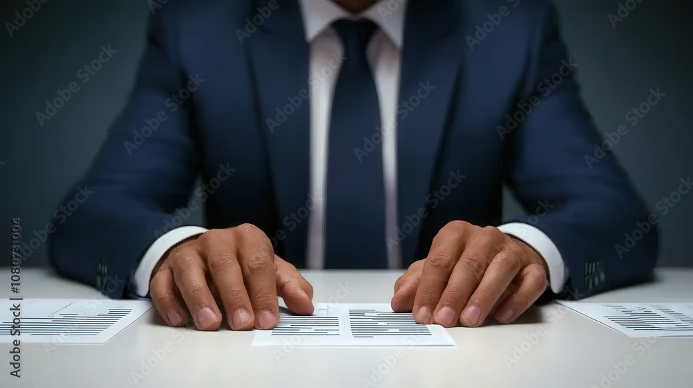 Poster businessman analyzing financial data and graphs with focused attention. his hands are positioned on 