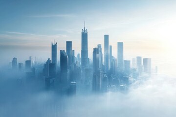Fototapeta premium Aerial View of a Majestic City Skyline Shrouded in Fog with Skyscrapers Piercing the Soft Blue Sky at Dawn, Creating a Dreamlike Urban Landscape