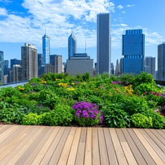 Fototapeta premium Stunning rooftop garden on a sustainable building, promoting urban agriculture and environmental conservation.