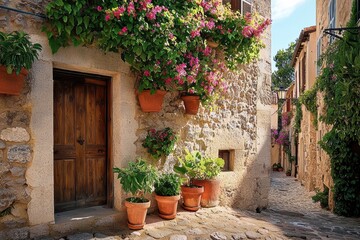 Naklejka premium A quaint Spanish house with an old stone wall, adorned with hanging flower pots and vibrant flowers in terracotta planters, offers a picturesque view of the door and windows.