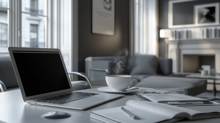 A laptop, a cup of steaming coffee, and open books on a table in a bright room.