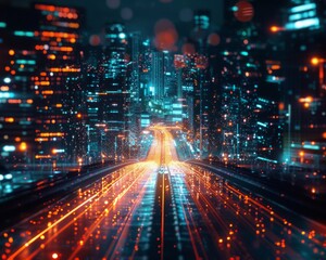 Fototapeta premium The artwork showcases an enchanting double exposure of glowing data streams intertwining with a bustling cityscape.